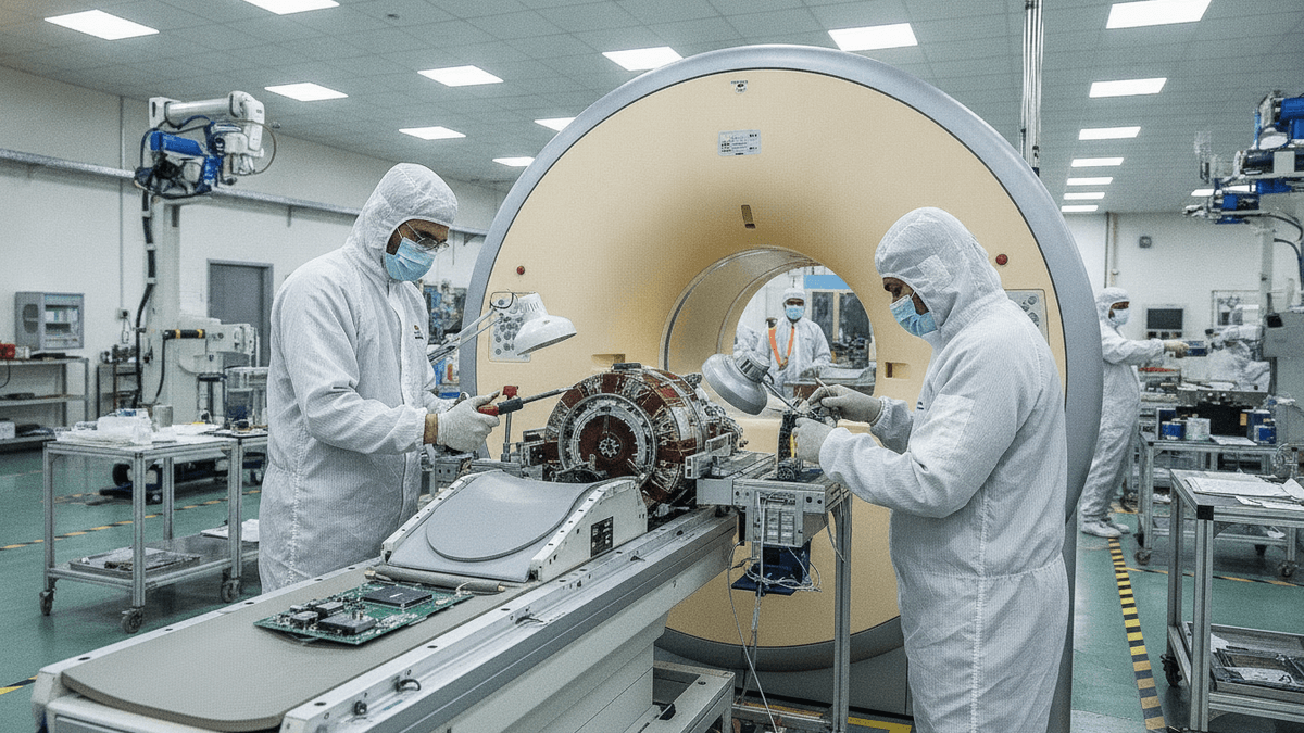 Two engineers in cleanroom suits assemble a complex MRI machine in a brightly lit manufacturing facility.
