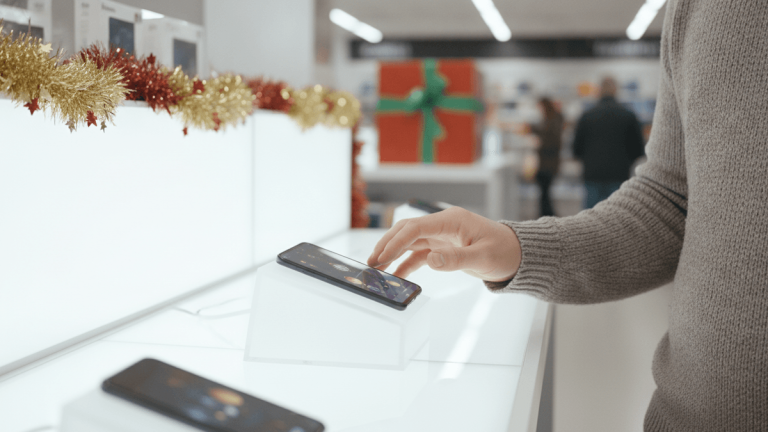 A consumer's hand hovers over a smartphone on a display stand in a well-lit electronics store. Festive decorations are visible.