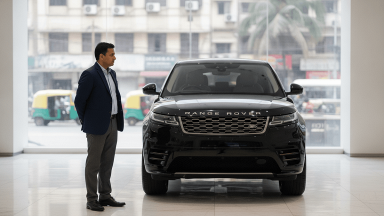 An Indian man in a showroom looking at a black Range Rover. Outside the window, a city street is visible.