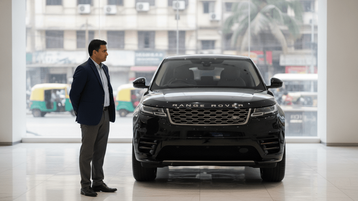 An Indian man in a showroom looking at a black Range Rover. Outside the window, a city street is visible.