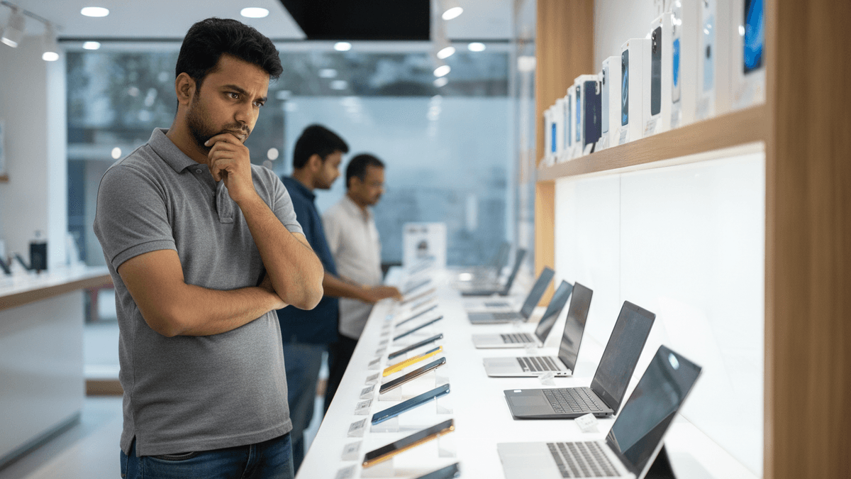 An Indian man in a grey polo shirt looks at smartphones and laptops on display in an electronics store.