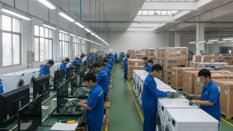 Workers in blue uniforms assemble televisions and washing machines on a factory floor. Packaged products are stacked in the background.