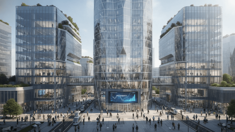 A wide, slightly elevated shot of several modern glass office buildings with people moving around their bases.