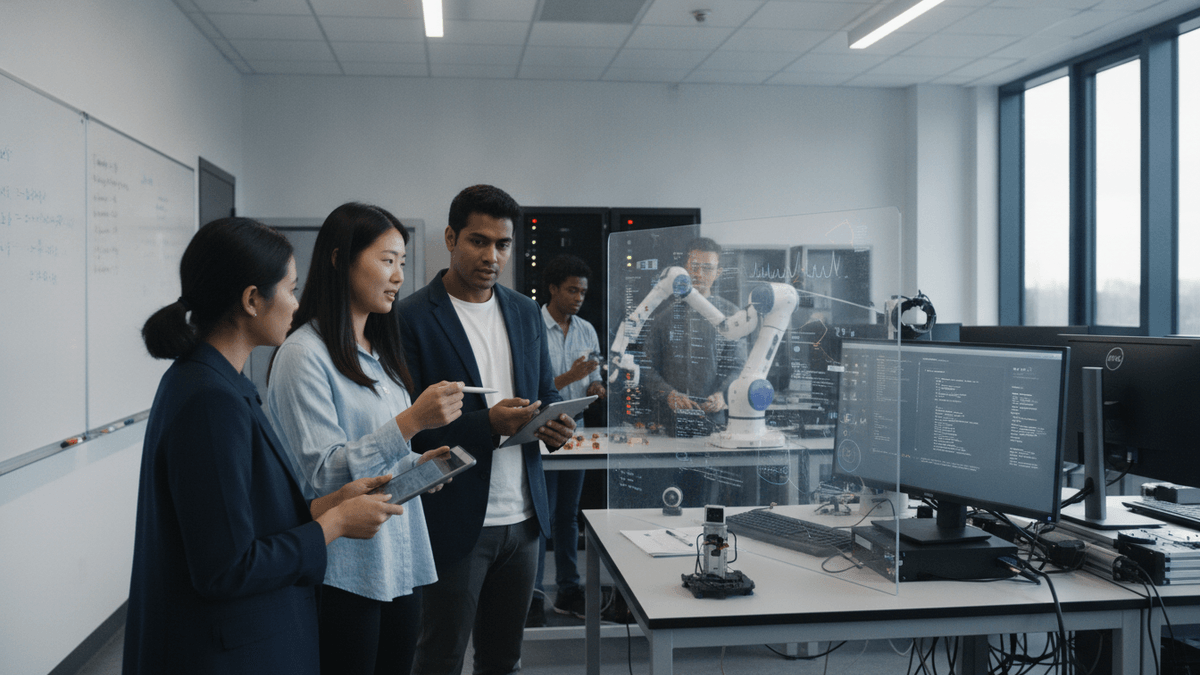 Three researchers discuss data on tablets; two others work with robotics and computers in the background of a modern lab.