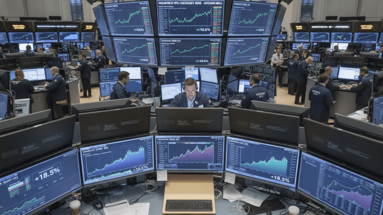 A medium-wide, slightly elevated shot of a busy stock exchange trading floor with multiple traders monitoring screens.