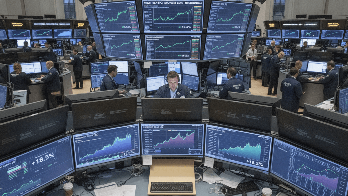 A medium-wide, slightly elevated shot of a busy stock exchange trading floor with multiple traders monitoring screens.