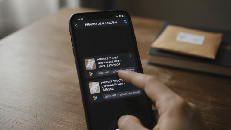 Close-up of a smartphone screen showing "PHARMA DEALS GLOBAL" with drug listings and prices. A hand scrolls on the screen.