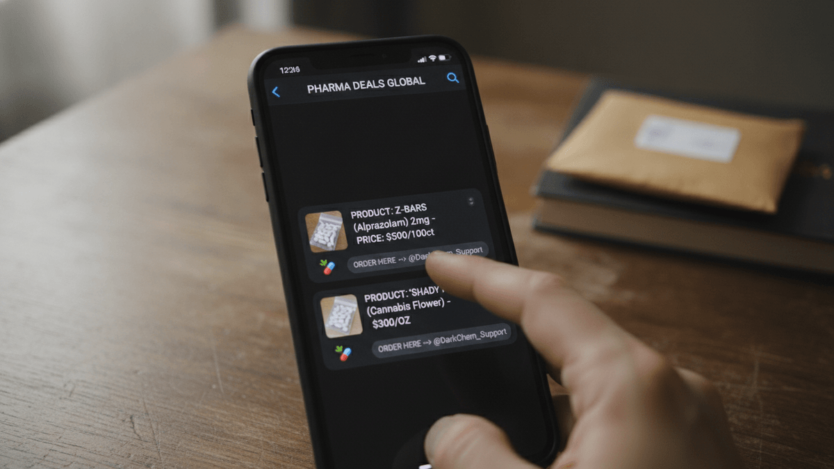 Close-up of a smartphone screen showing "PHARMA DEALS GLOBAL" with drug listings and prices. A hand scrolls on the screen.