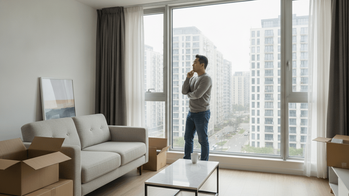 A person stands in a modern apartment living room, looking out a large window at other residential buildings.