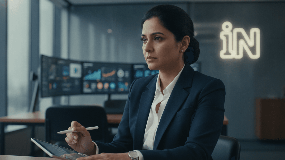 A focused woman in a suit holds a tablet and stylus in a modern office with monitors and a glowing "IN" sign.