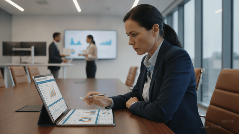 A business leader reviews financial data on a tablet in a modern office, with colleagues in the background.