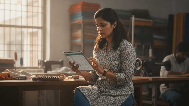 An Indian woman in a patterned dress sits at a wooden table, intently focused on a tablet. Sewing machines are visible.