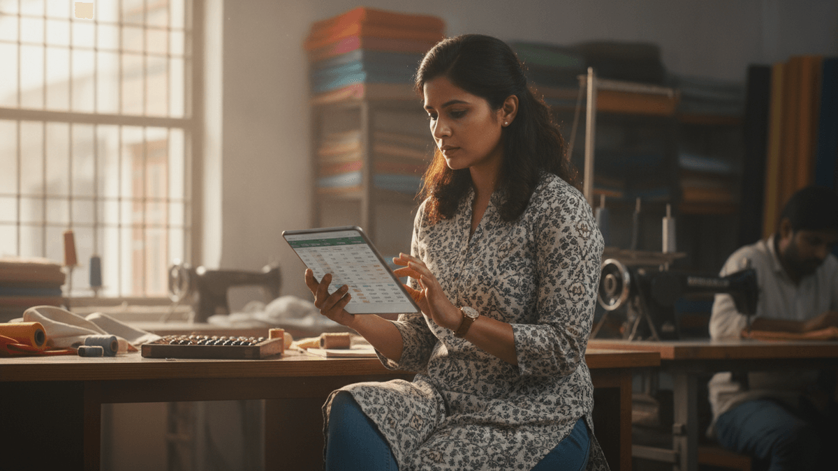 An Indian woman in a patterned dress sits at a wooden table, intently focused on a tablet. Sewing machines are visible.