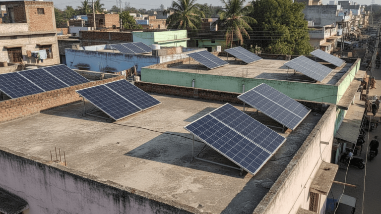 An elevated view of multiple residential rooftops in Uttar Pradesh with solar panels visible in the sunlight.
