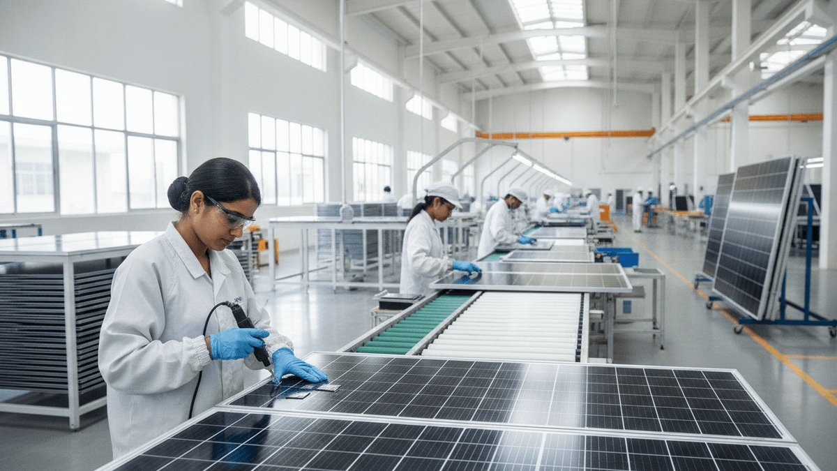 A modern solar panel factory with workers in safety gear assembling panels on a production line.