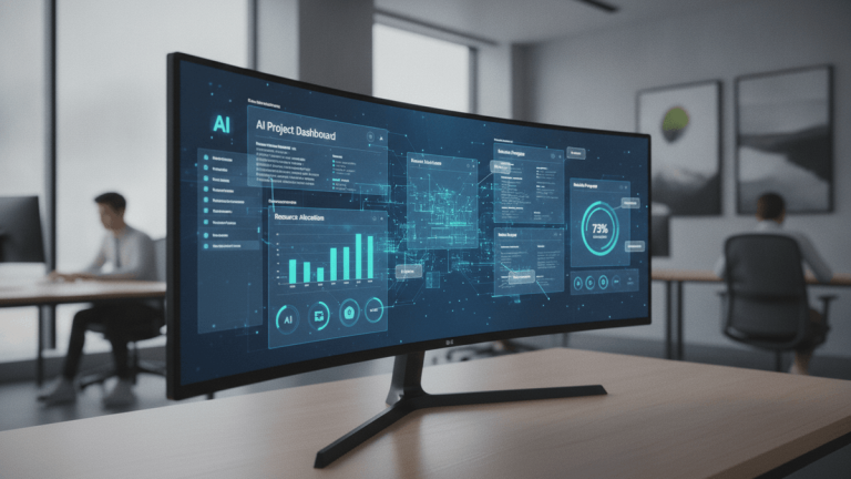 A large, curved monitor shows an AI-generated dashboard in a modern office setting, with soft-focus background.