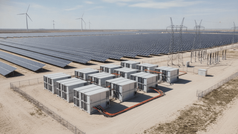 An aerial view of a large-scale Battery Energy Storage System (BESS) connected to solar panels, wind turbines, and power lines.