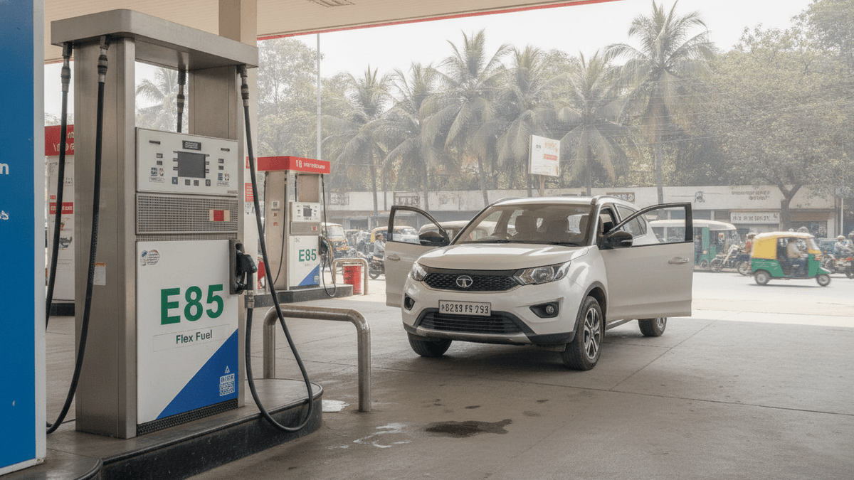 An E85 fuel pump with a white car parked next to it at a fuel station in India under daylight.