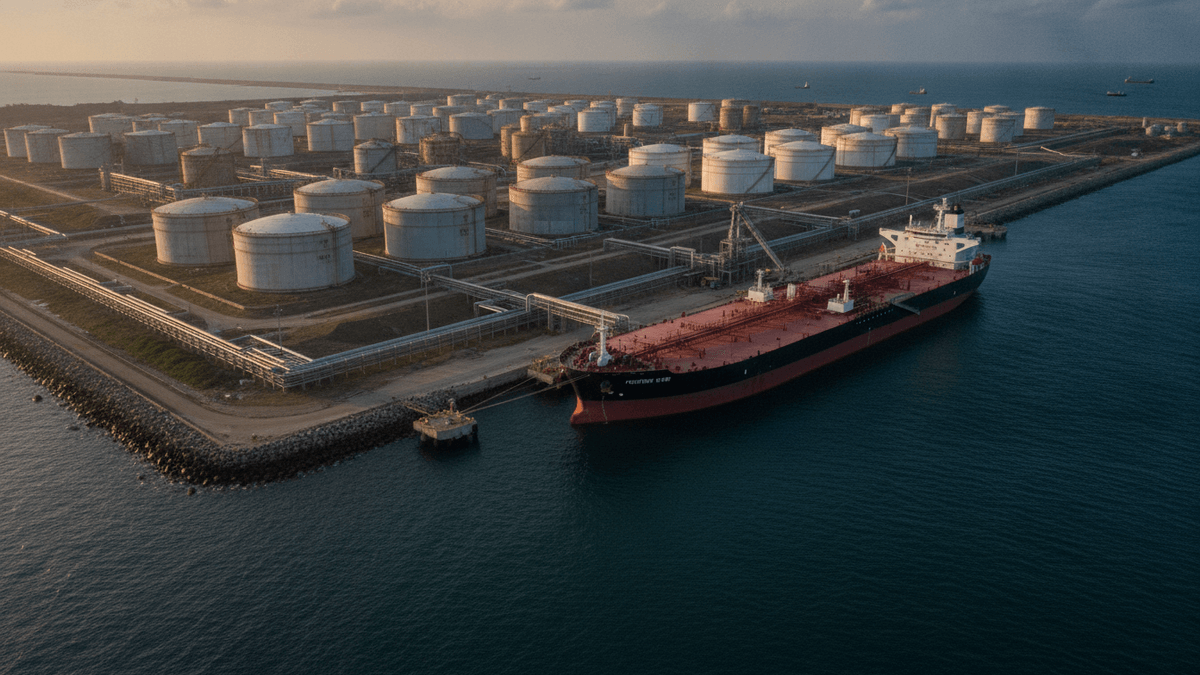An aerial view of an industrial port at sunset, showing a supertanker docked alongside numerous massive oil storage tanks.
