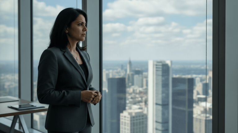 A female executive stands looking out a high-rise office window at a city skyline, hands clasped.