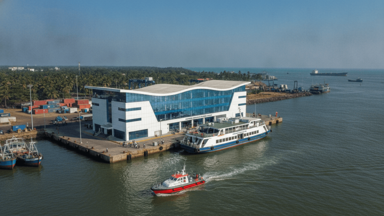 Elevated medium-wide shot of the Captain of Ports Terminal Building with active port elements and vessels.