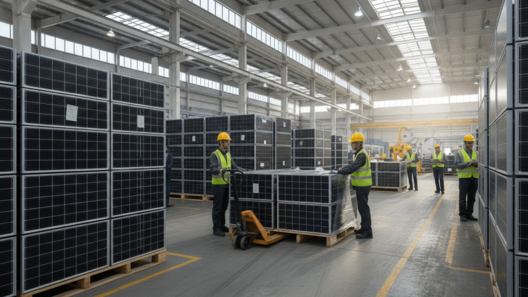Inside a vast solar panel factory, multiple workers in safety vests and hard hats move stacks of finished solar panels.