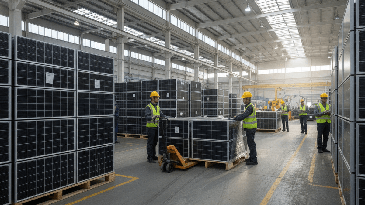 Inside a vast solar panel factory, multiple workers in safety vests and hard hats move stacks of finished solar panels.