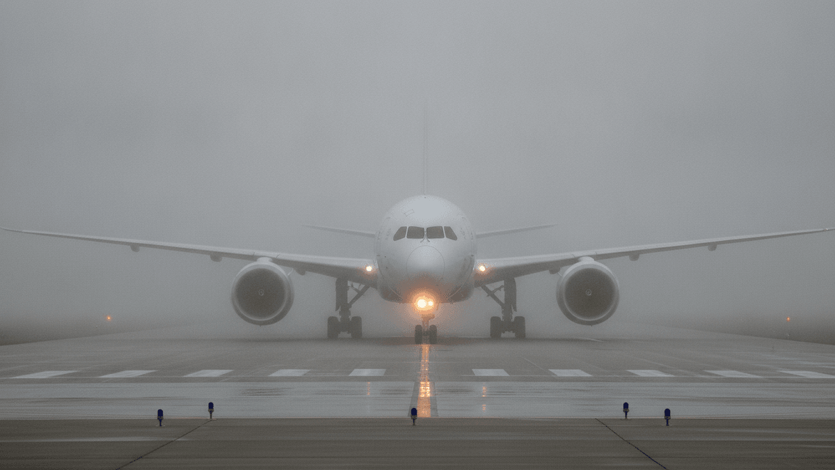 A large white commercial passenger jet sits on a runway, its front section visible through dense fog. Navigation lights are on.
