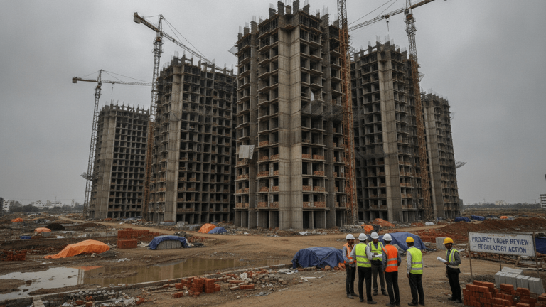 A group of construction workers stands in front of several large, unfinished concrete residential buildings under an overcast sky.