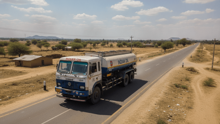 A multi-axle fuel tanker from Indian Oil drives on a paved road through a dry, rural Indian landscape.