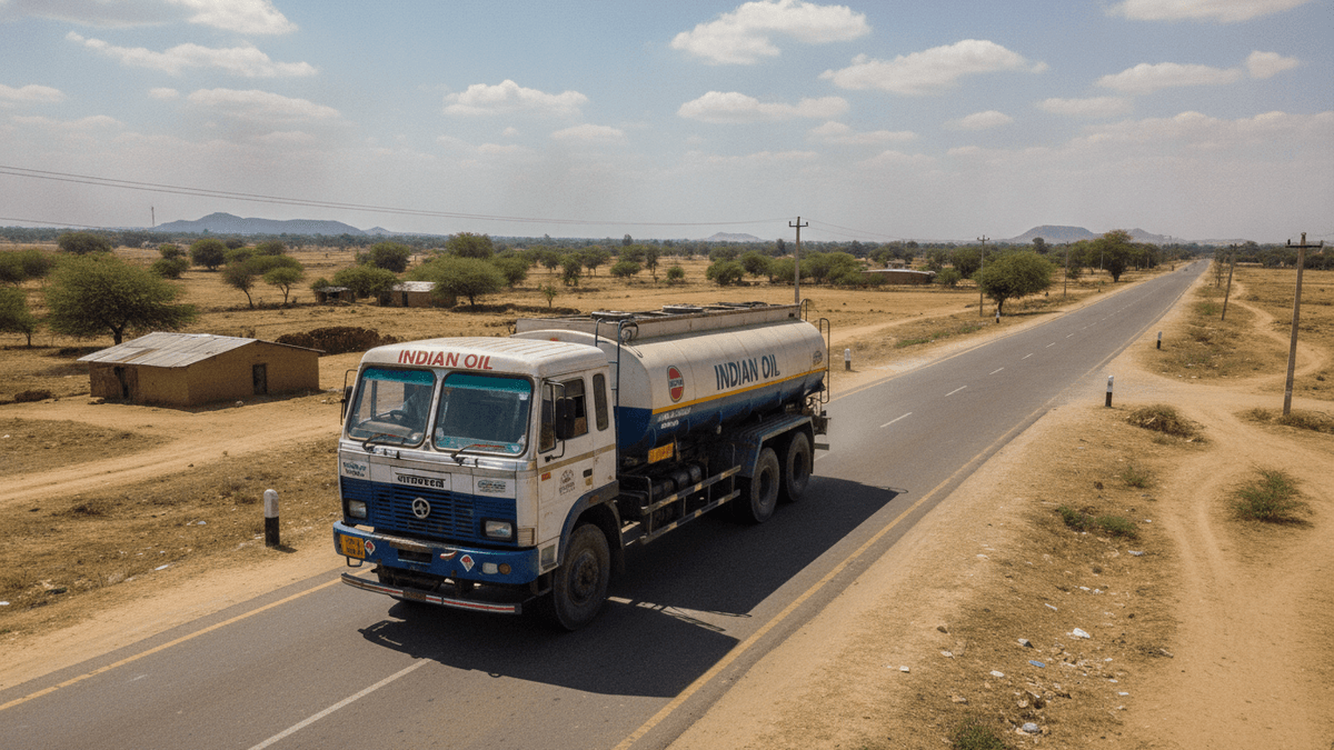 A multi-axle fuel tanker from Indian Oil drives on a paved road through a dry, rural Indian landscape.