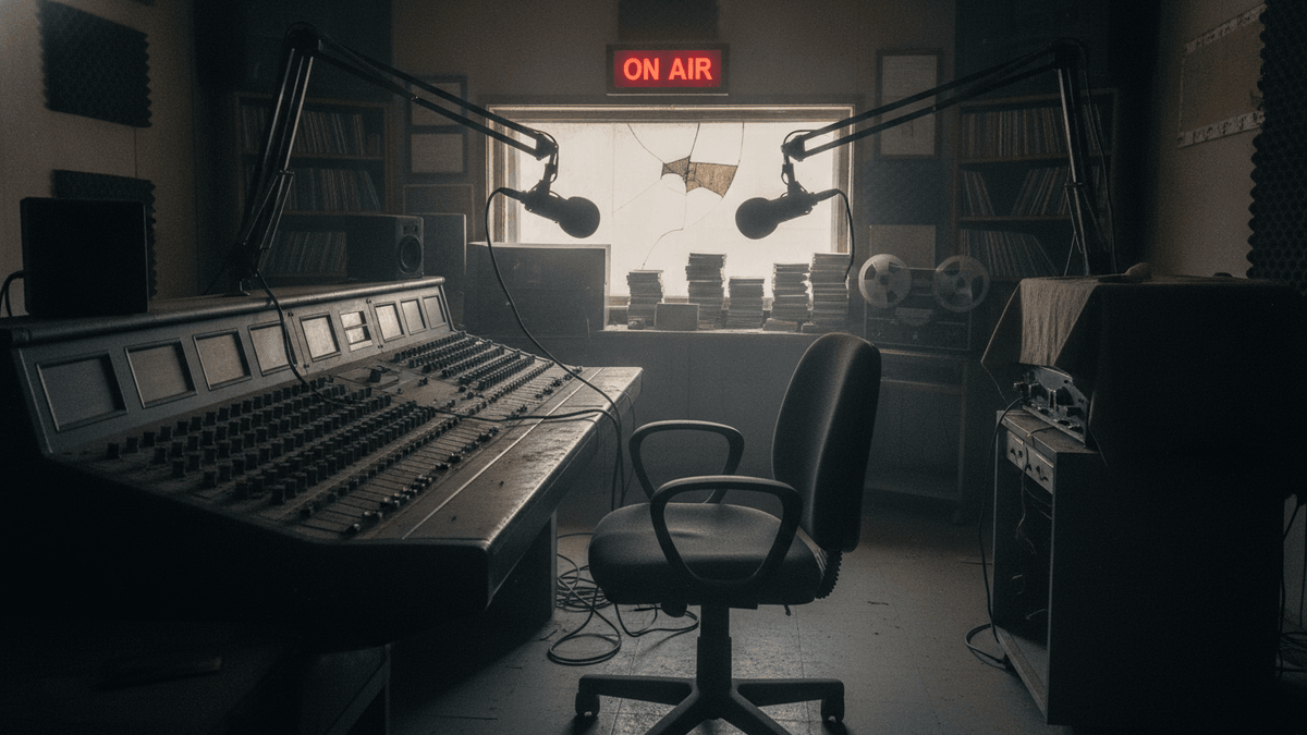 Interior shot of a quiet, old-fashioned FM radio studio in India with equipment powered down.