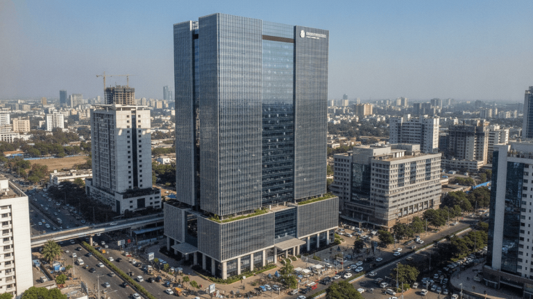 Wide shot of a modern, multi-story glass office building in a bustling urban environment under clear daylight.