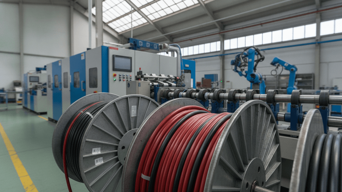 Close-up of solar cables on spools in a manufacturing facility, with machinery visible in the background.