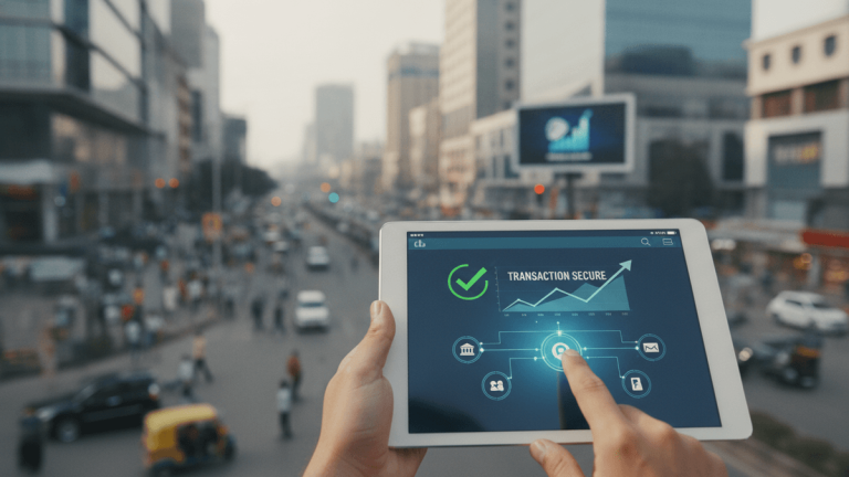 Hands holding a tablet displaying a secure financial transaction screen with an Indian city street blurred in the background.