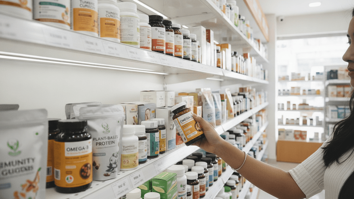 A person's hand reaches for a bottle of Omega-3 supplements on a brightly lit, well-stocked retail shelf in an Indian pharmacy.