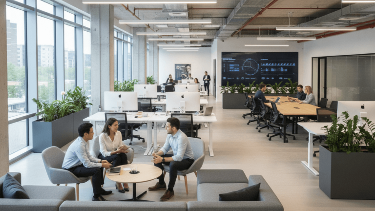 A bright, spacious co-working office with various work zones, including desks, meeting tables, and lounge areas, occupied by diverse professionals.