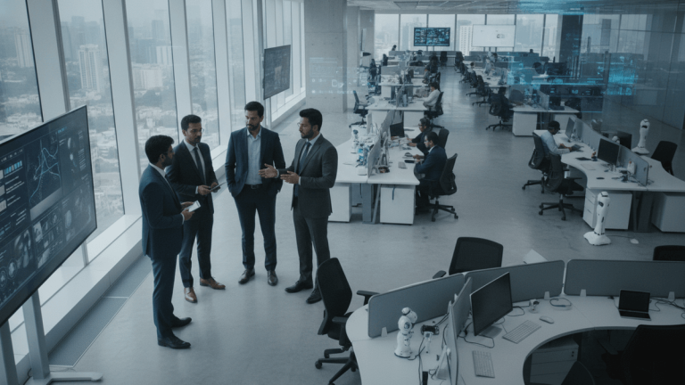 Four men in suits discuss strategy in a modern, large open-plan office with city views and digital overlays.