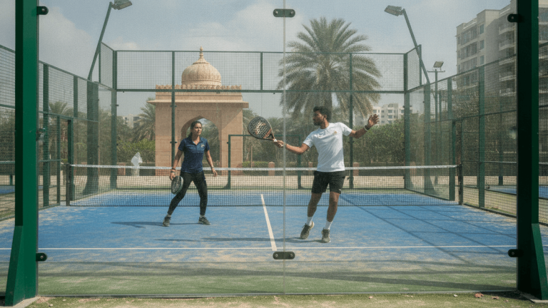 Two padel players on a blue outdoor court with glass walls, palm trees, and an Indian-style building in the background.