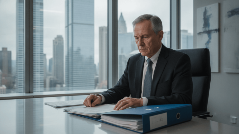 A senior banking executive in a suit sits at a desk, reviewing documents with a city skyline visible through the window.