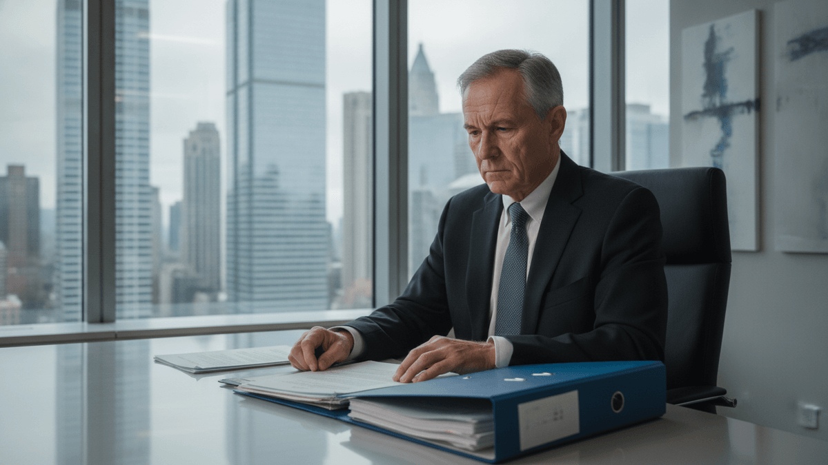 A senior banking executive in a suit sits at a desk, reviewing documents with a city skyline visible through the window.