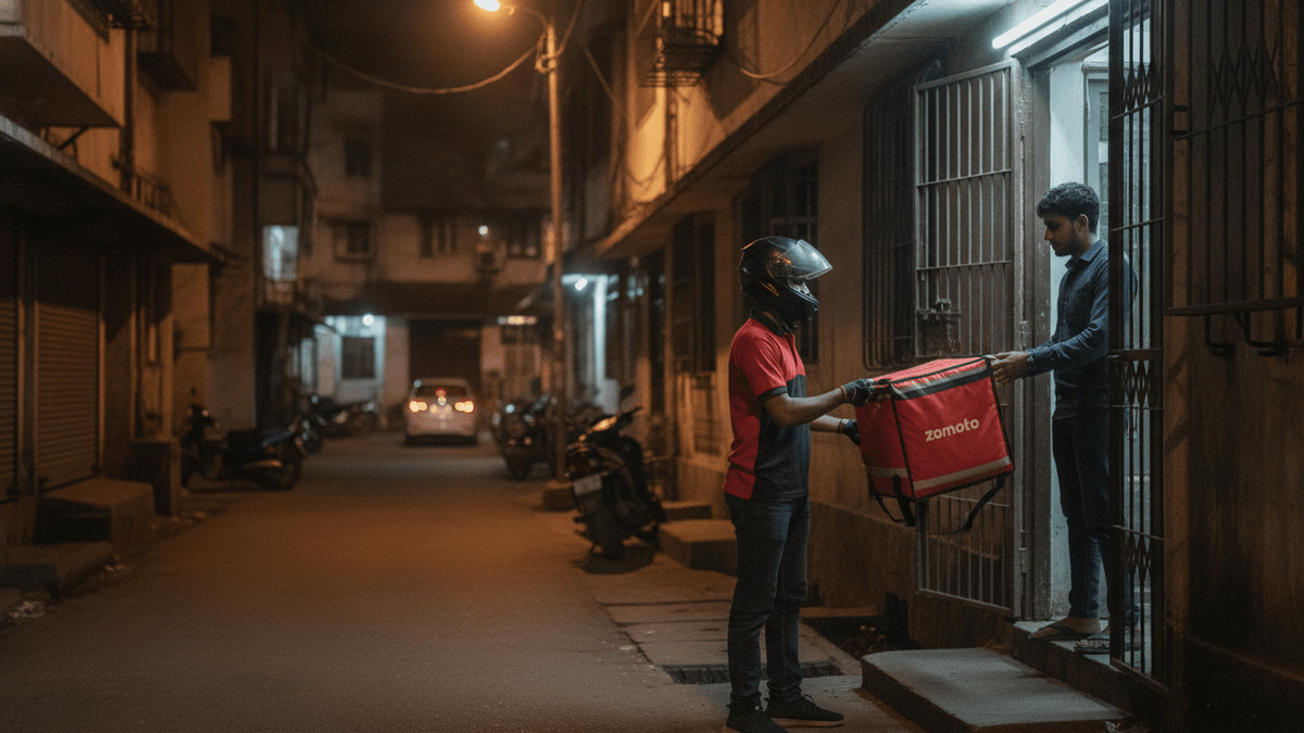 A food delivery rider in a helmet hands a red Zomato bag to a customer at a doorway in a dimly lit Indian street.