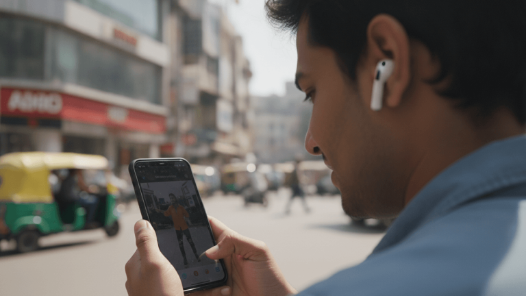 A man wearing an earbud gazes at a smartphone displaying vertical video content in a busy urban Indian street.