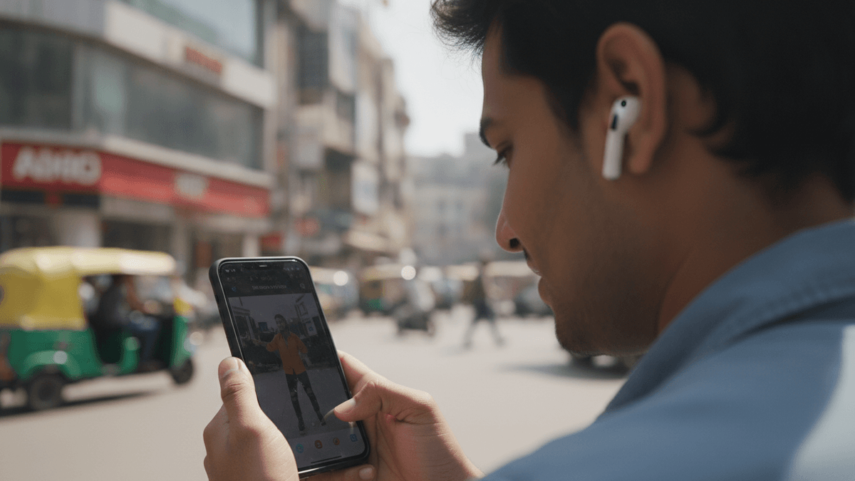 A man wearing an earbud gazes at a smartphone displaying vertical video content in a busy urban Indian street.