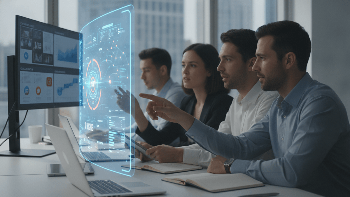Four marketing professionals in an office, one interacting with a holographic display of data, others observing.