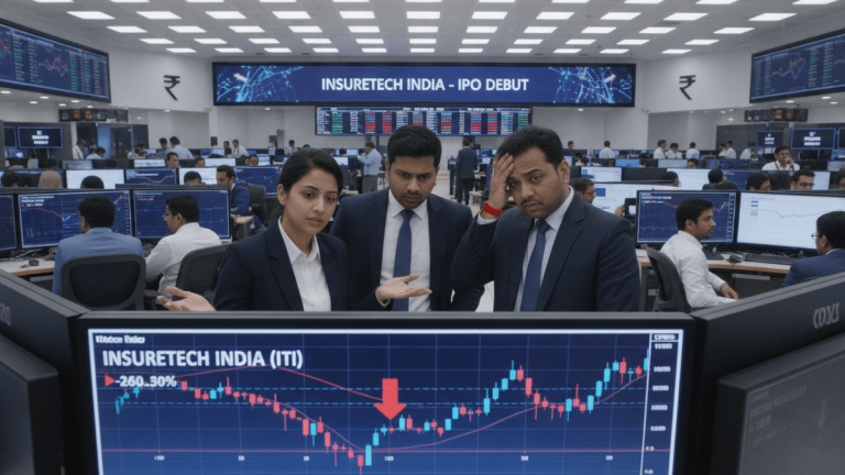 Three traders in the foreground with concerned expressions, a stock chart showing a decline, and a busy trading floor behind them.