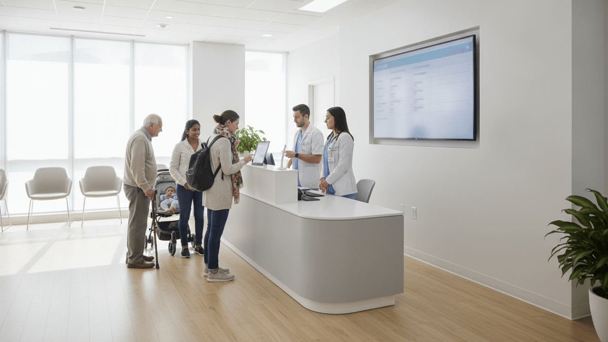 A group of diverse patients checking in with two healthcare staff members at a white reception desk in a brightly lit, modern clinic.