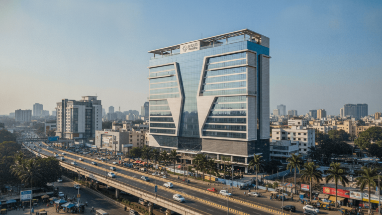 Wide shot of a modern hotel in an Indian city, with a busy street and city skyline in the background under daylight.