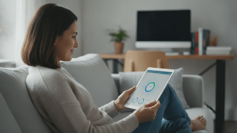 A woman on a sofa looks at a tablet with a circular graphic on screen. A blurred monitor and desk are in the background.