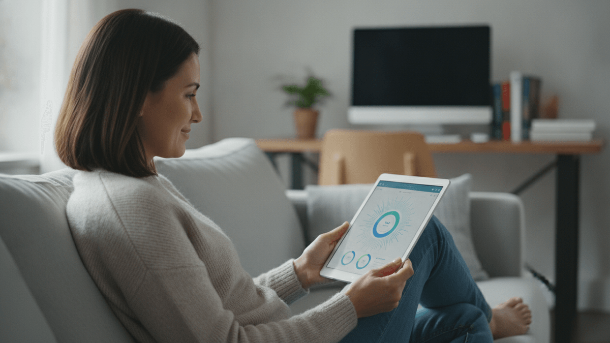 A woman on a sofa looks at a tablet with a circular graphic on screen. A blurred monitor and desk are in the background.